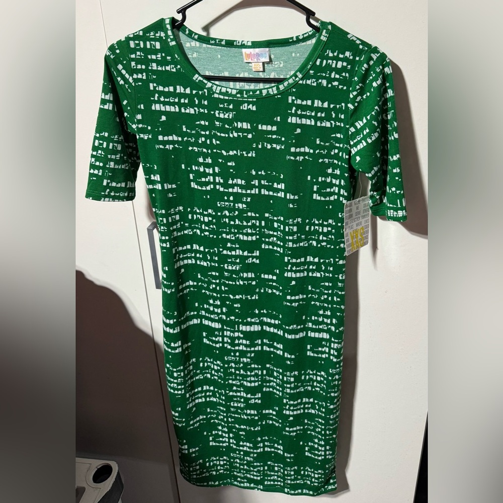 LuLaRoe Julia Dress Women's Size XXS Green & White Geo Abstract Print NWT